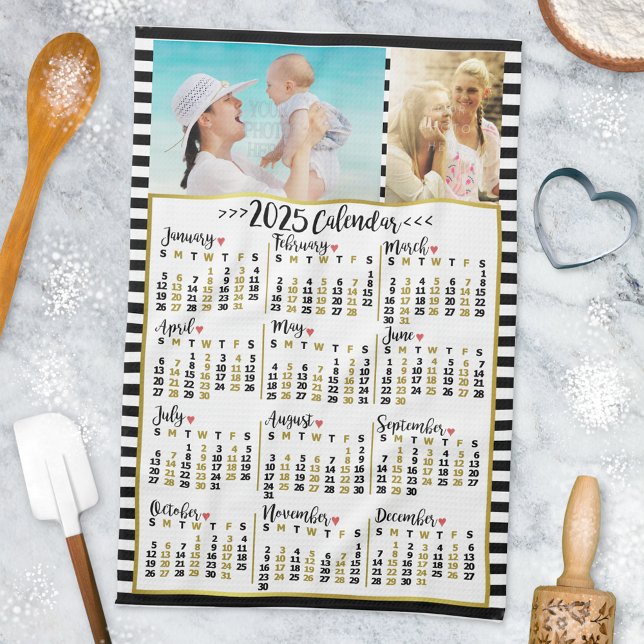 2025 Year Monthly Calendar Stripes | Custom Photos Tea Towel (Creator Uploaded)