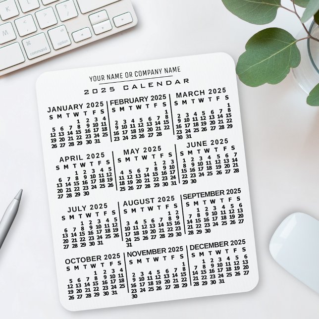 2025 Year Monthly Calendar White Black Custom Name Mouse Pad (Creator Uploaded)