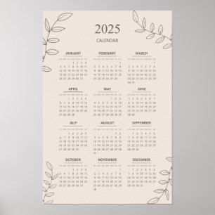 2025 Yearly Calendar Floral Line Art Minimalist Poster