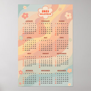 2025 Yearly Calendar Groovy Vintage Pastel Swirl Poster