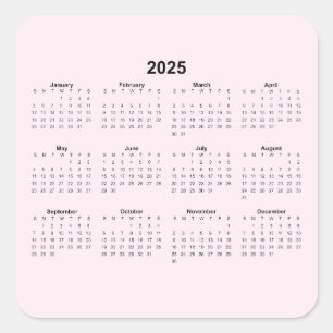 2025 Yearly Calendar on Pale Pink Square Sticker