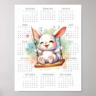 2026 1-Page Calendar Cute Bunny on Swing Whimsical Poster
