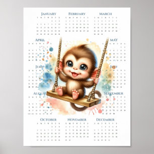2026 1-Page Calendar Cute Monkey on Swing Jungle Poster