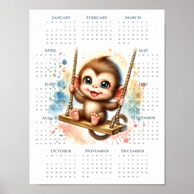 2026 1-Page Calendar Cute Monkey on Swing Jungle Poster (Front)
