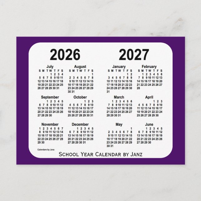 2026-2027 Purple Mini School Year Calendar by Janz Postcard (Front)
