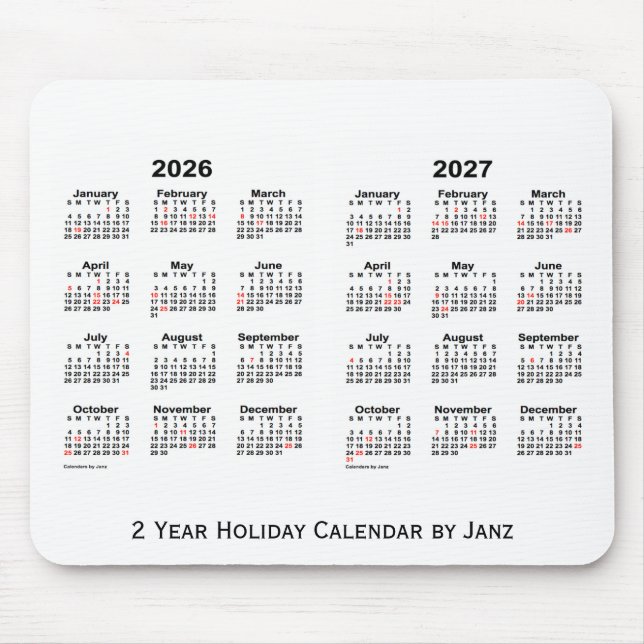 2026-2027 White 2 Year Holiday Calendar by Janz Mouse Pad (Front)