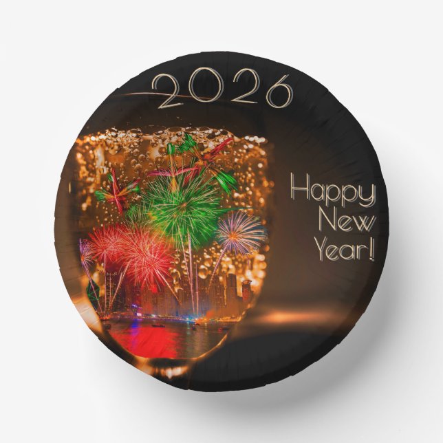 2026 / 202x wishes with fireworks and bubbles paper plate (Front)