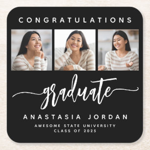 2026 3-Photo Black White Congratulations Graduate Square Paper Coaster