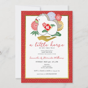 2026 A Little Horse Is On The Way Red Baby Shower Invitation