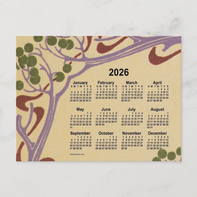 2026 Art Nouveau Mini Calendar by Janz Holiday Postcard (Front)