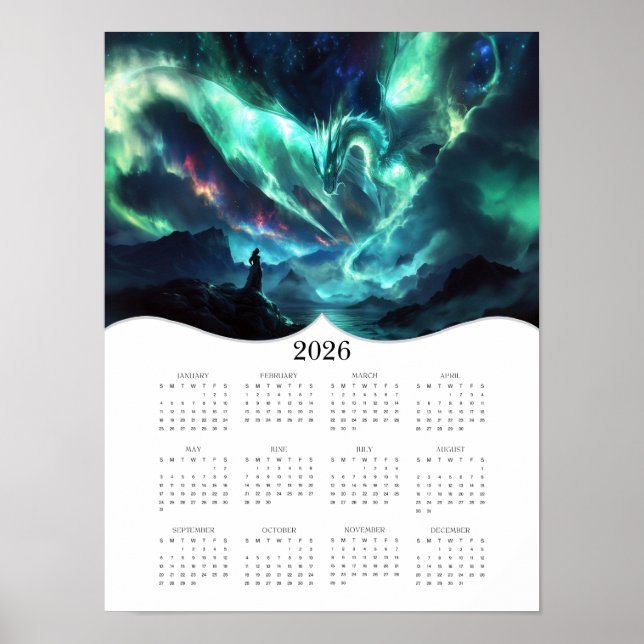 2026 Aurora Dragon Fantasy Art Full Year Calendar Poster (Front)