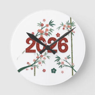 2026 Bamboo Numbers with Cherry Blossoms  Round Clock