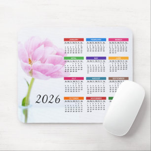 2026 Beautiful Pink Peony Floral Calendar Mouse Pad