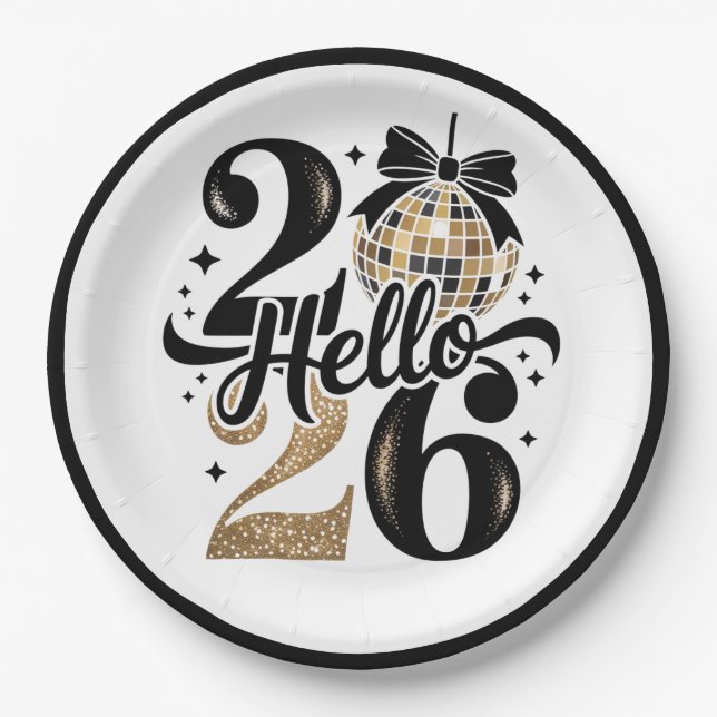 2026 Black And Gold New Year Paper Plate (Front)