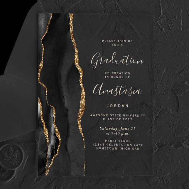2026 Black Gold Agate Gold Text Graduation Acrylic Invitations (Creator Uploaded)