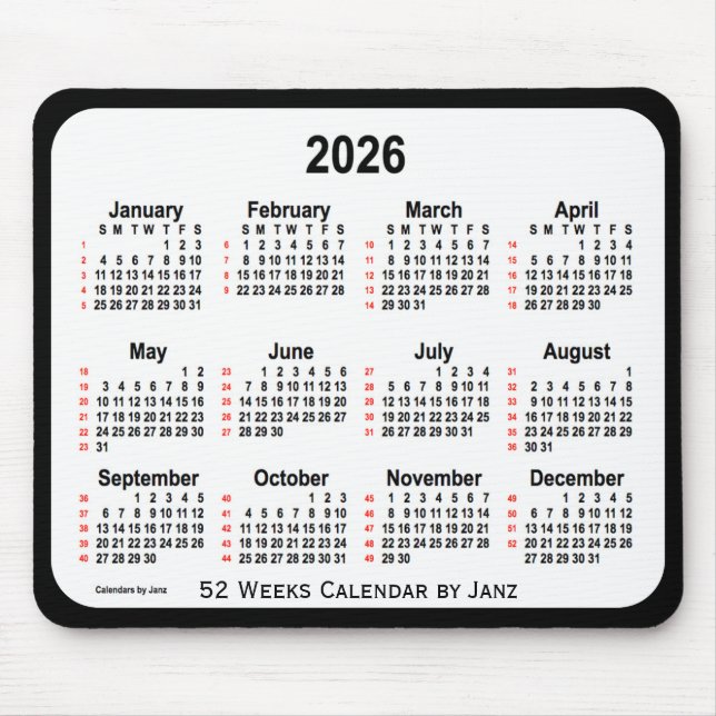 2026 Black Two Tone 52 Weeks Calendar by Janz Mouse Pad (Front)