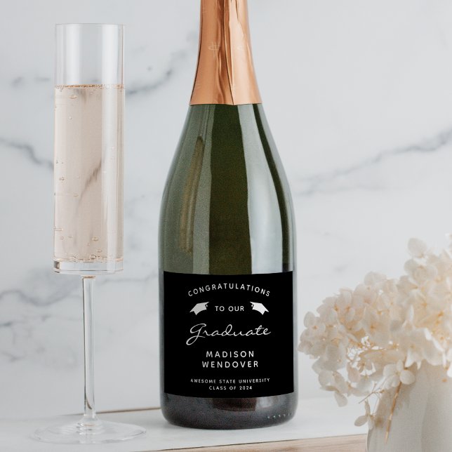 2026 Black White Script Cap Graduation Sparkling Wine Label (Creator Uploaded)