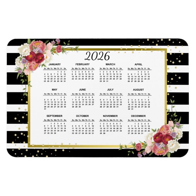 2026 Black White Striped Floral Gold Calendar Magnet (Horizontal)