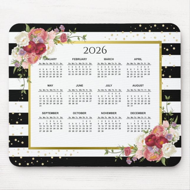 2026 Black White Striped Floral Gold Calendar Mouse Pad (Front)