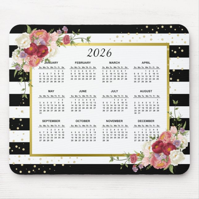 2026 Black White Striped Floral Gold Calendar Mouse Pad (Front)