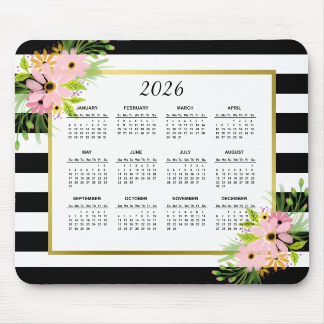 2026 Black White Striped Floral Gold Calendar Mouse Pad (Front)