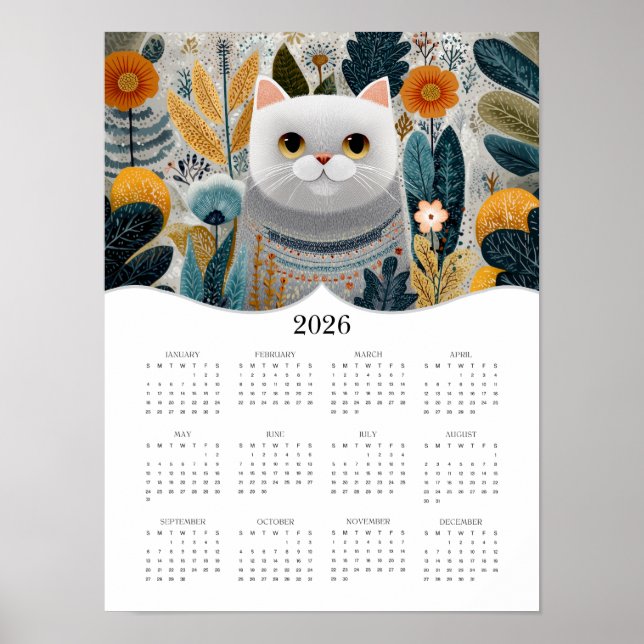 2026 Boho Abstract Cat Art Full Year Calendar Poster (Front)