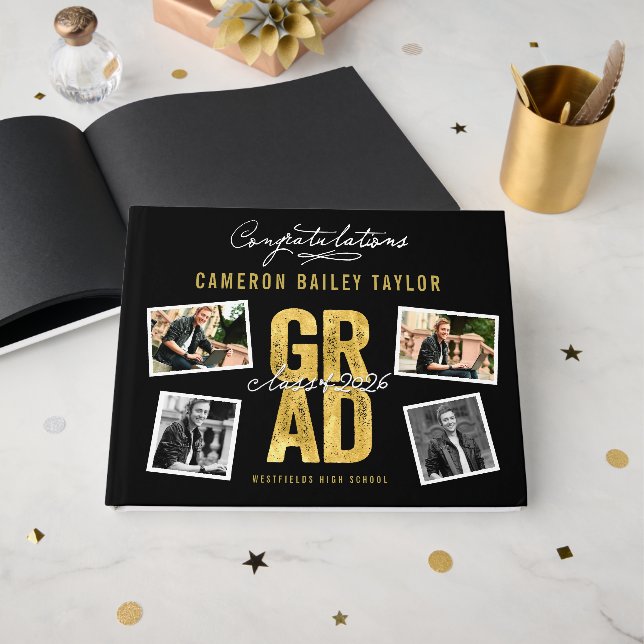 2026 Bold Gold GRAD 4 Multi Photo Graduation Party Guest Book (Front Open)