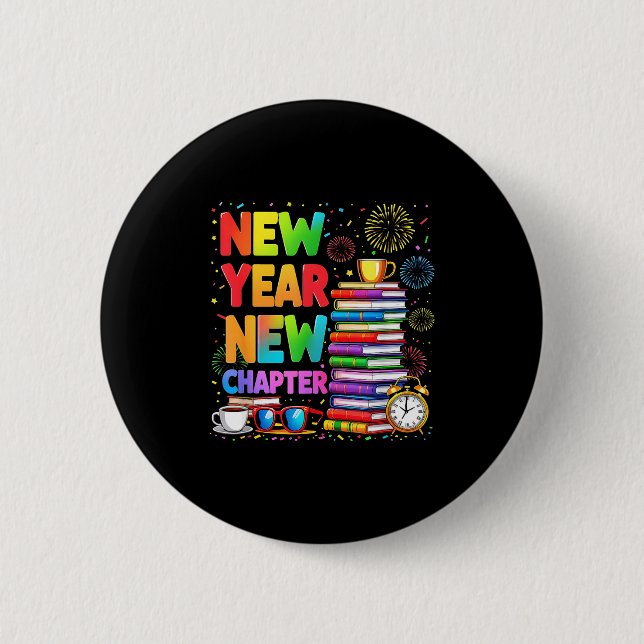 2026 Bookworm Funny Happy New Year Chapter Book Lo 6 Cm Round Badge (Front)