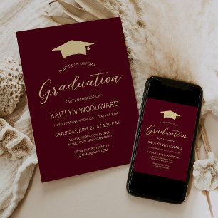 2026 Burgundy Gold Cap Modern Graduation Party Invitation