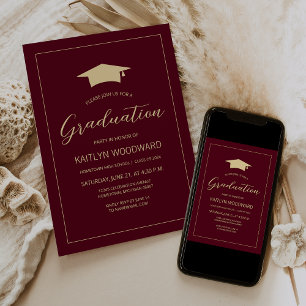 2026 Burgundy Gold Cap Modern Graduation Party Invitation
