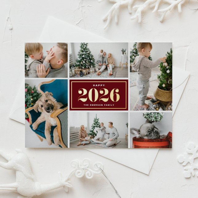 2026 Burgundy Happy New Year Photo Collage Foil Holiday Postcard (Customizable photo collage New Year postcard featuring gold foil texts on a burgundy background.)