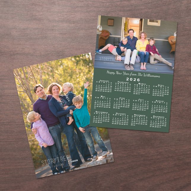 2026 Calendar 2 Photos Dark Green Happy New Year Holiday Card (2026 Calendar 2 Photos Dark Green Happy New Year Holiday Card, front/back)