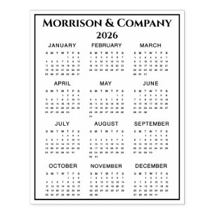 2026 Calendar #3 Four Rows, Three Columns, Name Rubber Stamp