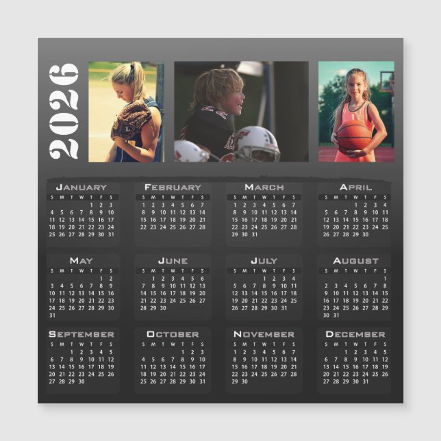 2026 Calendar 3 Photo Collage Magnet Card (Front)