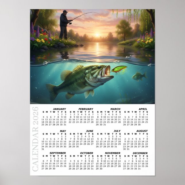 2026 Calendar, Bass Fishing, Spring River / Fish Poster (Front)