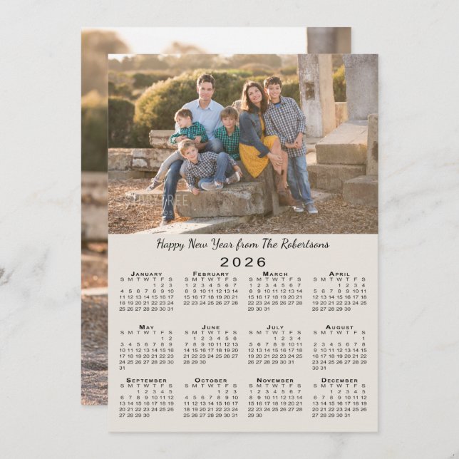2026 Calendar Beige 2 Custom Photos Happy New Year Holiday Card (Front/Back)