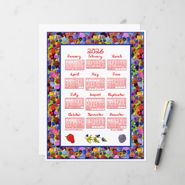 2026 Calendar Berries Art Frame Red Fabric Font (Front/Back In Situ)