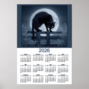 2026 Calendar Black Cat on a Fence with Full Moon Poster