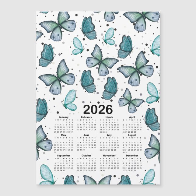 2026 Calendar Blue Green Butterflies Pattern (Front)
