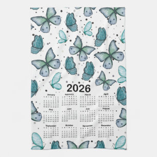 2026 Calendar Blue Green Butterflies Pattern Tea Towel