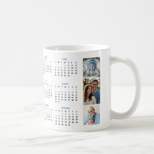 2026 calendar blue photo collage three photos coffee mug