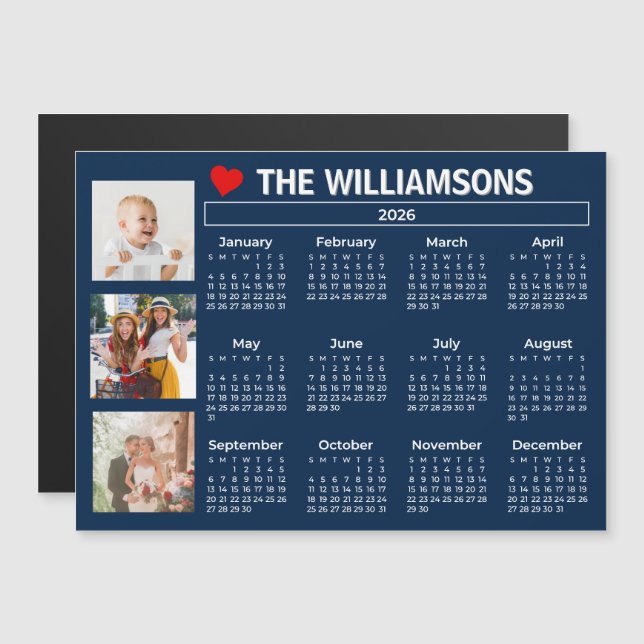 2026 Calendar Blue White Photo Collage Magnet (Front/Back)