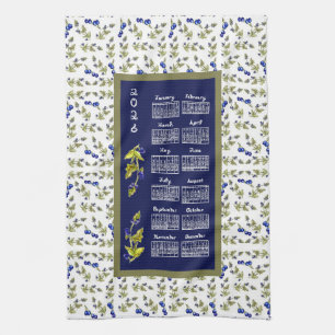 2026 Calendar Blueberries On Stem Vine Leaves Navy Tea Towel