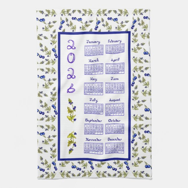2026 Calendar Blueberries Stem Leaves White Tea Towel (Vertical)