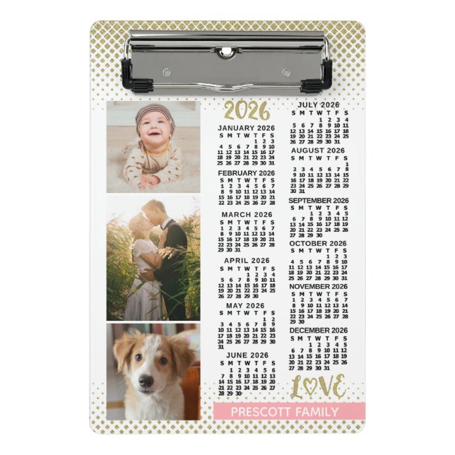 2026 Calendar Blush Pink Gold Family Photo Collage Mini Clipboard (Front)