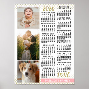 2026 Calendar Blush Pink Gold Family Photo Collage Poster