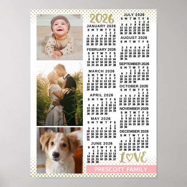2026 Calendar Blush Pink Gold Family Photo Collage Poster (Front)