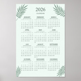 2026 Calendar Boho Floral Aesthetic Mint Green Poster