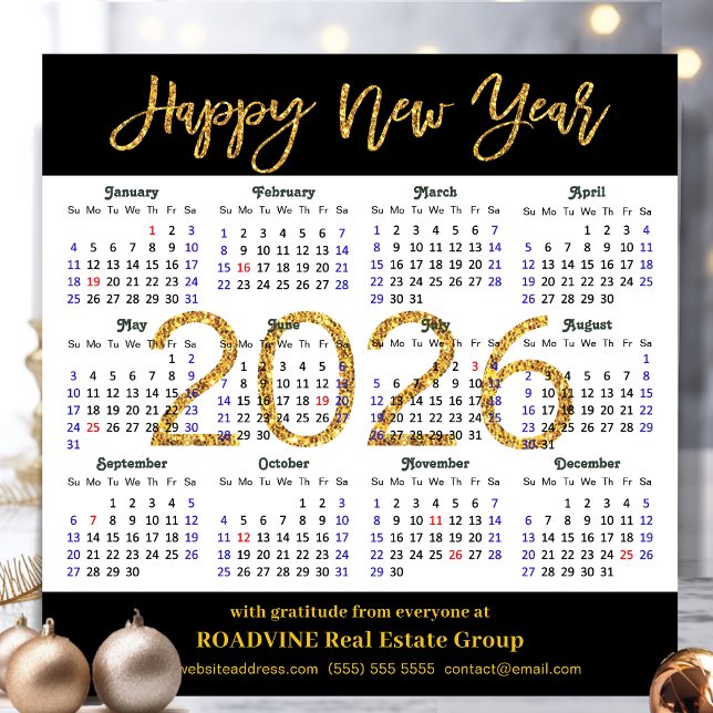 2026 Calendar Business Gold Glitter Modern Black Holiday Card (Creator Uploaded)