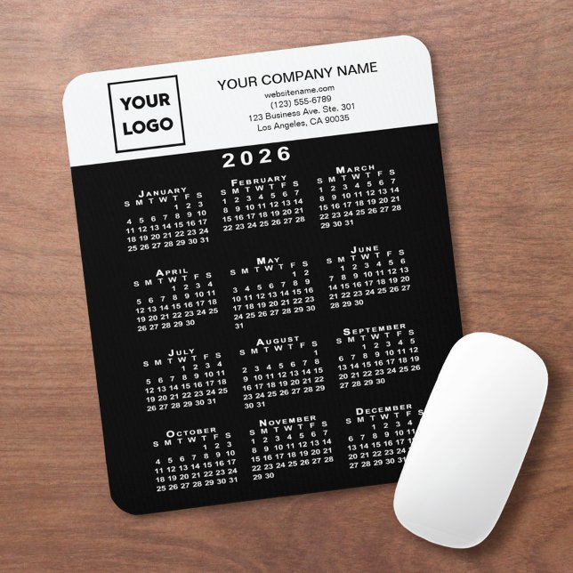 2026 Calendar Business Logo and Text Black White Mouse Pad (2026 Calendar Business Logo and Text Black White Mouse Pad, in situ)